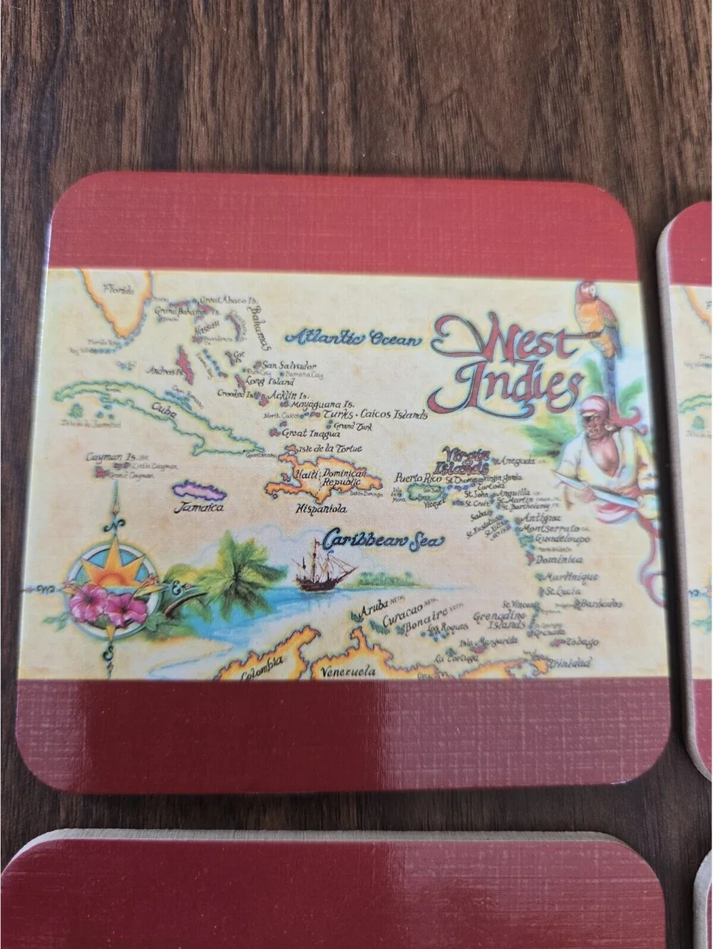 Vintage West Indies Caribbean Map Cork Back Coaster Set of 4 Tropical Tiki Bar